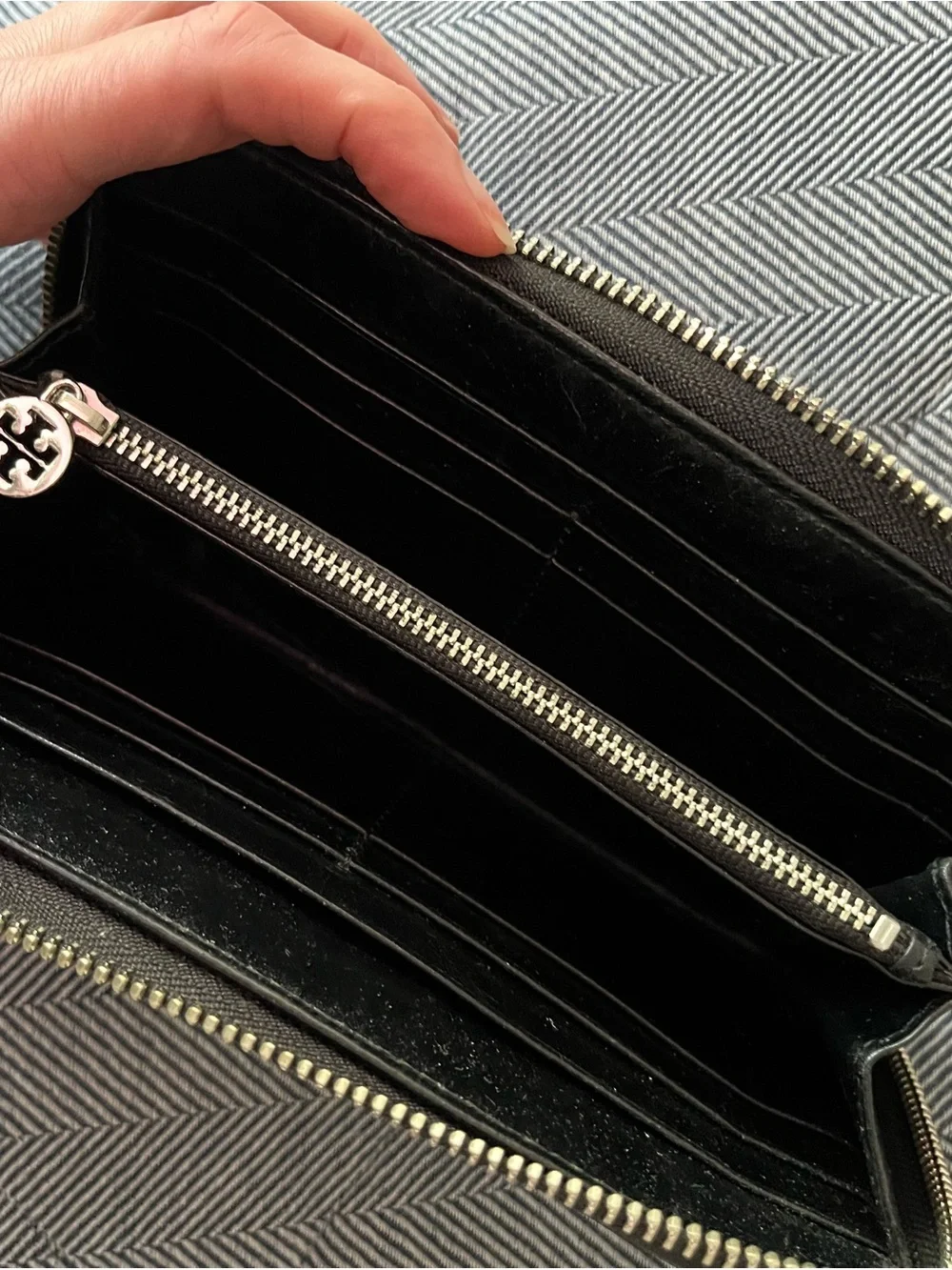 Tory Burch Black Patent Zip Wallet with Gold Logo Medallion